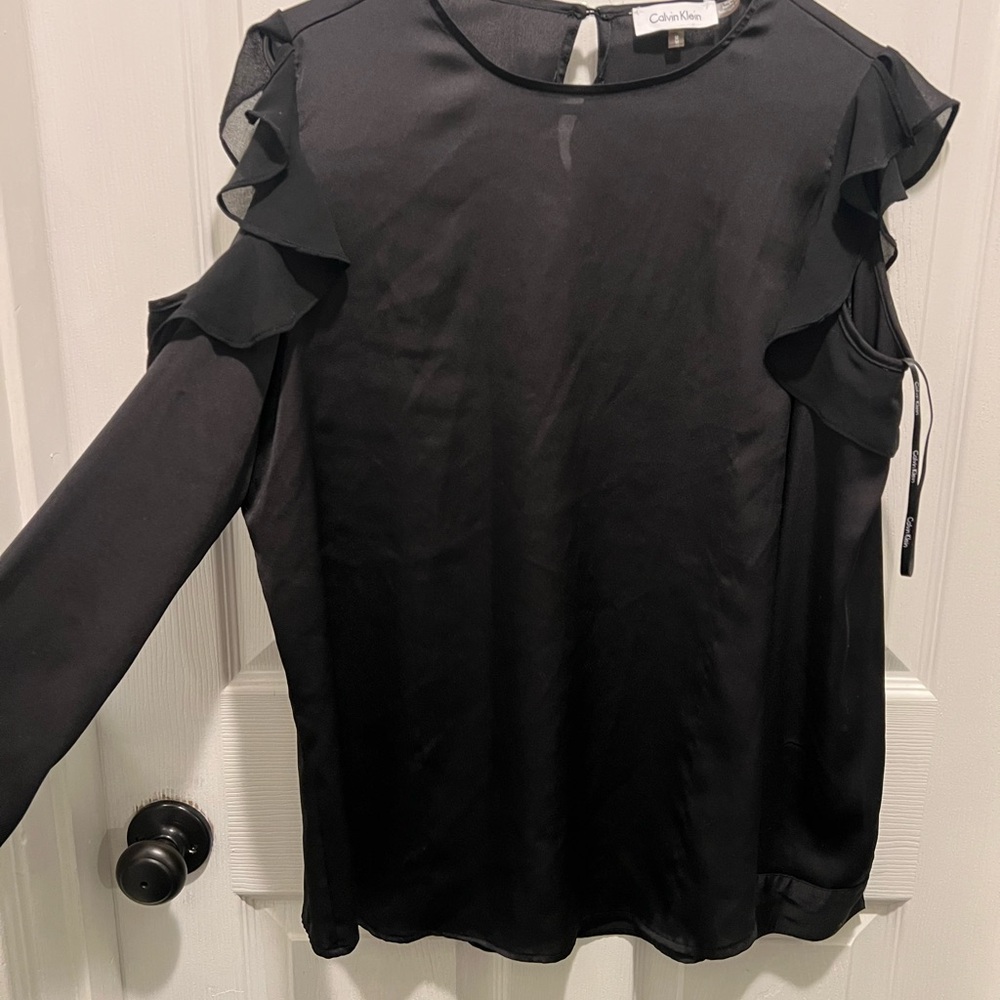 Calvin Klein Black Ruffle Sleeve Cold Shoulder Blouse